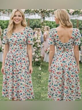 Vintage Jody Floral Midi Dress Sz 6 S Puff Sleeve Cottagecore Feminine Garden